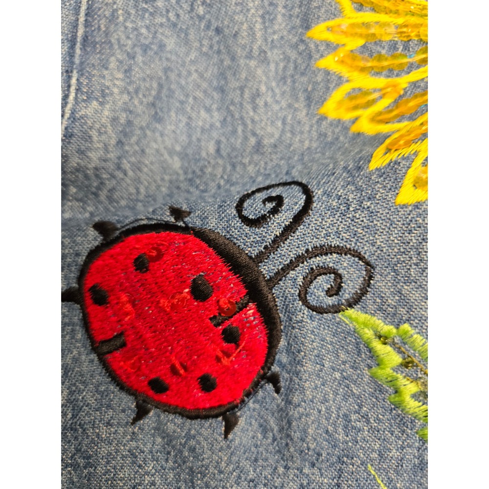 Vintage Embroidered Sunflower Ladybug Denim Jacket Blue Large L Cotton Pockets - Picture 13 of 16